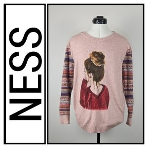 Ness pink women’s sweater graphic girl motif – size L – cozy knit